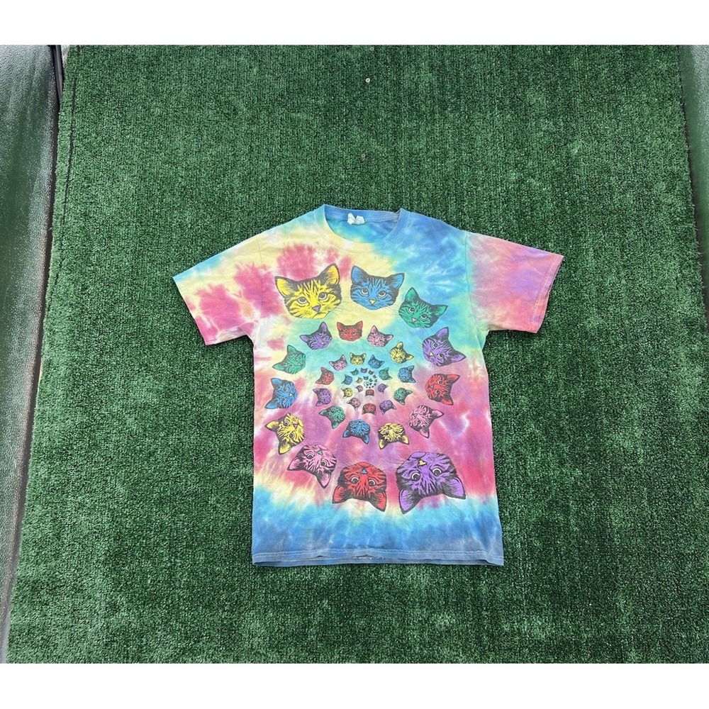 Vintage Shirt Men S Tie Dye Cat Heads Psychedellic Crew Neck 90s Funny Rainbow